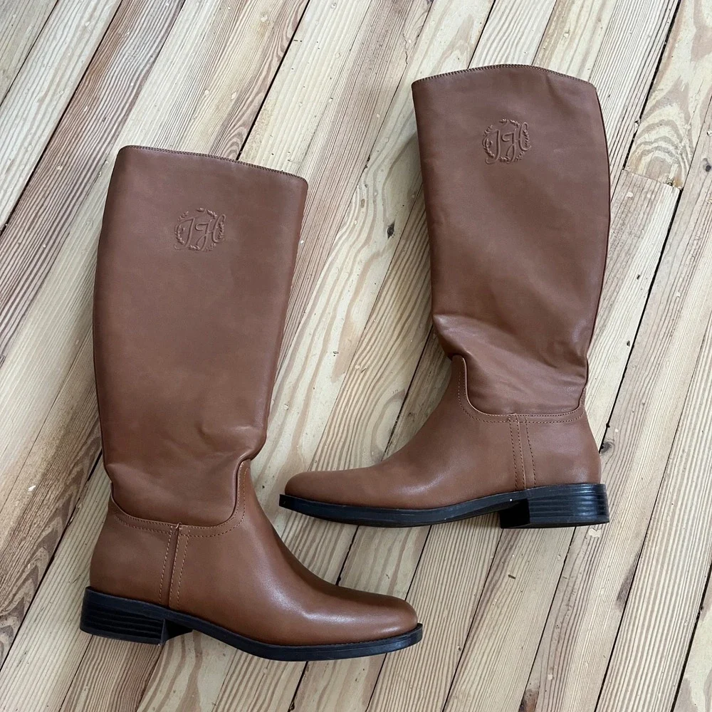 Tommy Hilfiger Women Tan Brown Faux Leather Tall Riding Equestrian Boots Logo 10